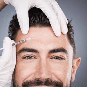 A man getting wrinkle treatment injected in his forehead